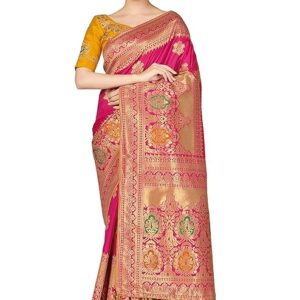 Women's Banarasi Silk Blend Woven Work Tussles Saree With Unsttiched Blouse Piece