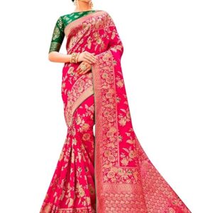Women's Banarasi Silk Blend Woven Zari With Tussles Saree and Jacquard Woven Blouse Piece