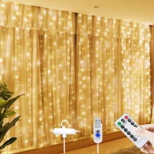 Curtain String Lights for Decoration, Warm White USB Powered 300 LED Lights with 8 Flashing Modes, Lights for Diwali, Christmas, Wedding, Party, Home (Fairy Curtain Warm White)